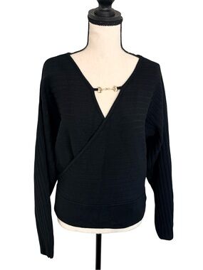 Chicwish Black Ribbed Batwing Sweater Horsebit Detail Wrap Front One Size NEW